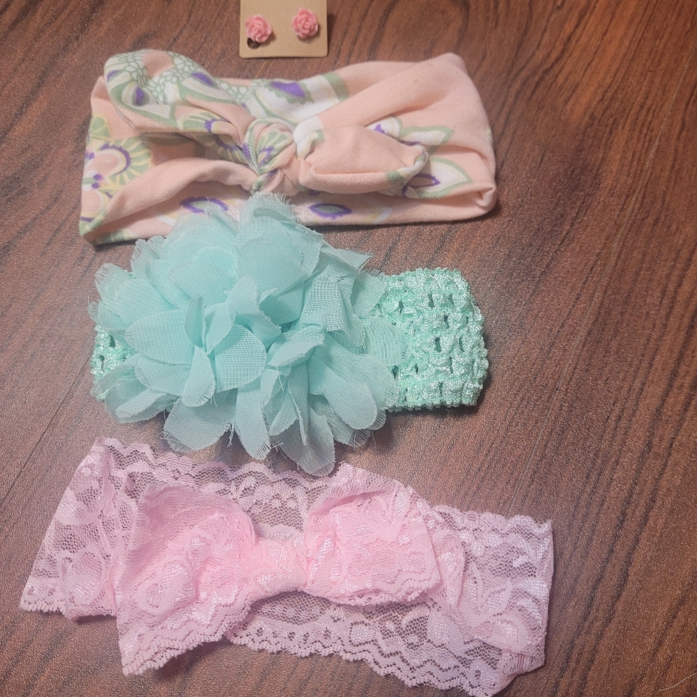 Mint and light pink 4 piece headband bow and earring set for girls